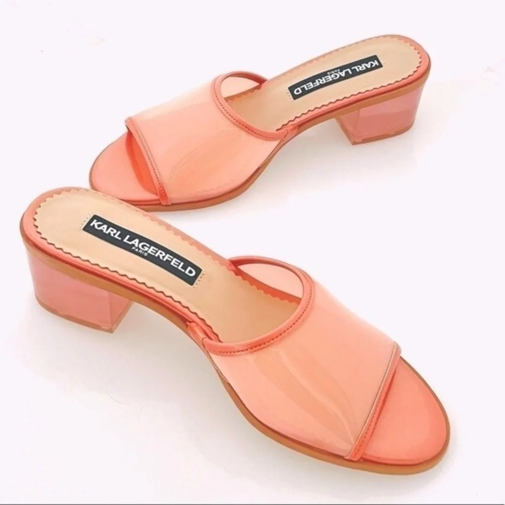 NIB KARL LAGERFELD Paris Coral Transparent Slip-On Block Heel Sandals Size 6